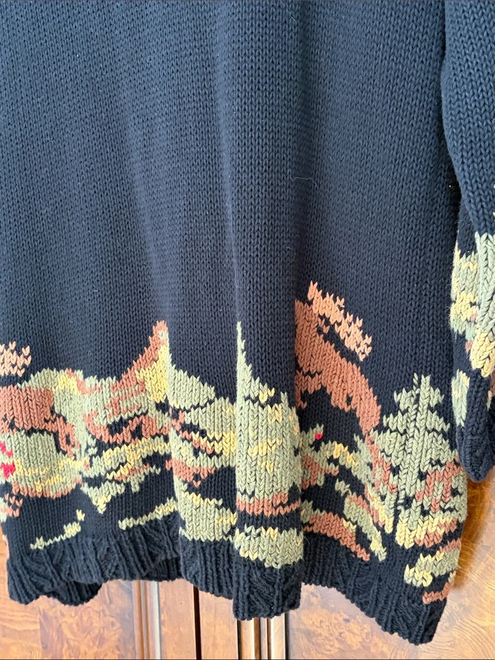 Cambridge Dry Goods No Tag Black Cardigan w Deer Forest Border Scene Flaw LG/XLG